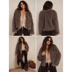 Boho Indie Sleaze Festival Brown Faux Fur Shaggy Open Front XL Cropped Coat NWT